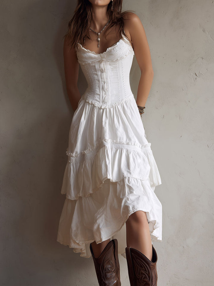 Retro Boho Corset Tiered Midi Dress With Lace-Trim Chic