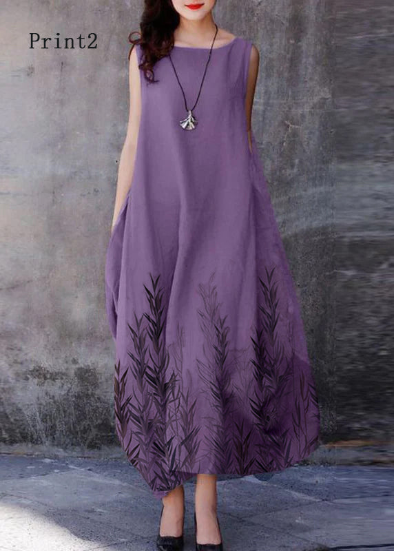 Bohemian Purple O-Neck Exra Large Hem Cotton Dresses Sleeveless – Casual Wedding Dress