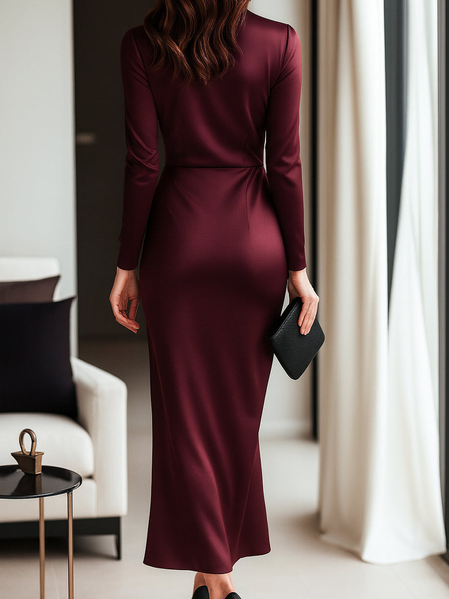 Burgundy Satin Wrap Midi Dress – Summer Business Dresses