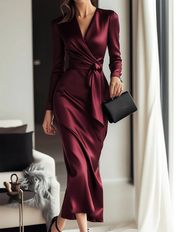 Burgundy Satin Midi Dress Women V-Neck Mermaid Long Sleeve