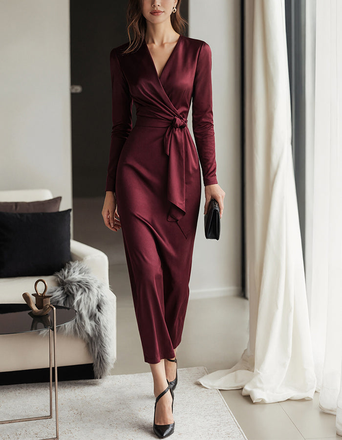 Burgundy Satin Midi Dress Women V-Neck Mermaid Long Sleeve