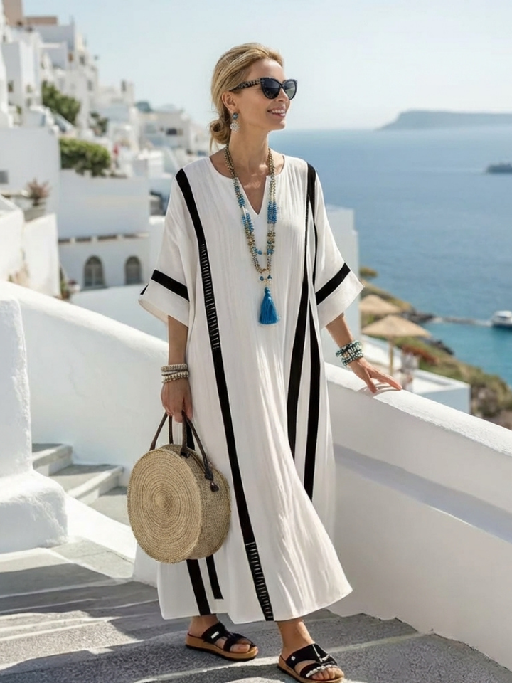 Striped Maxi Dress Women Short Sleeve Vertical