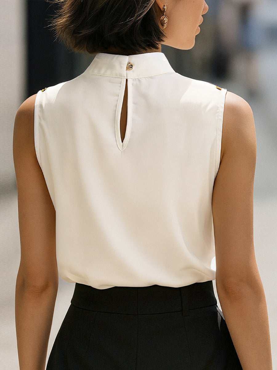 Ivory High-Neck Sleeveless Satin Blouse – Ladies White Blouse