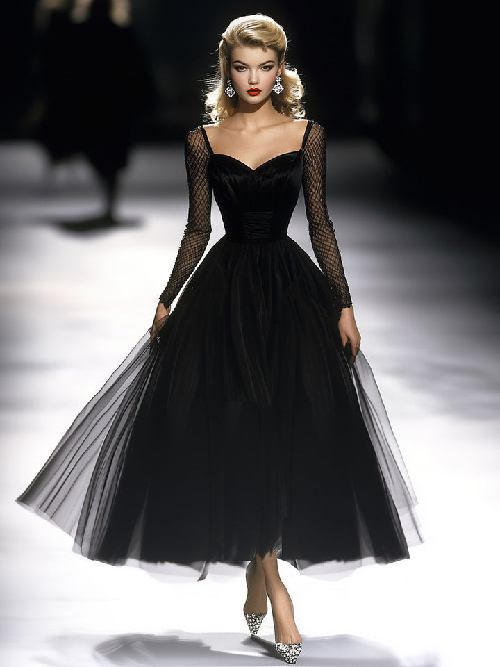Tulle Maxi Dress Women Black Trumpet Sleeve Evening