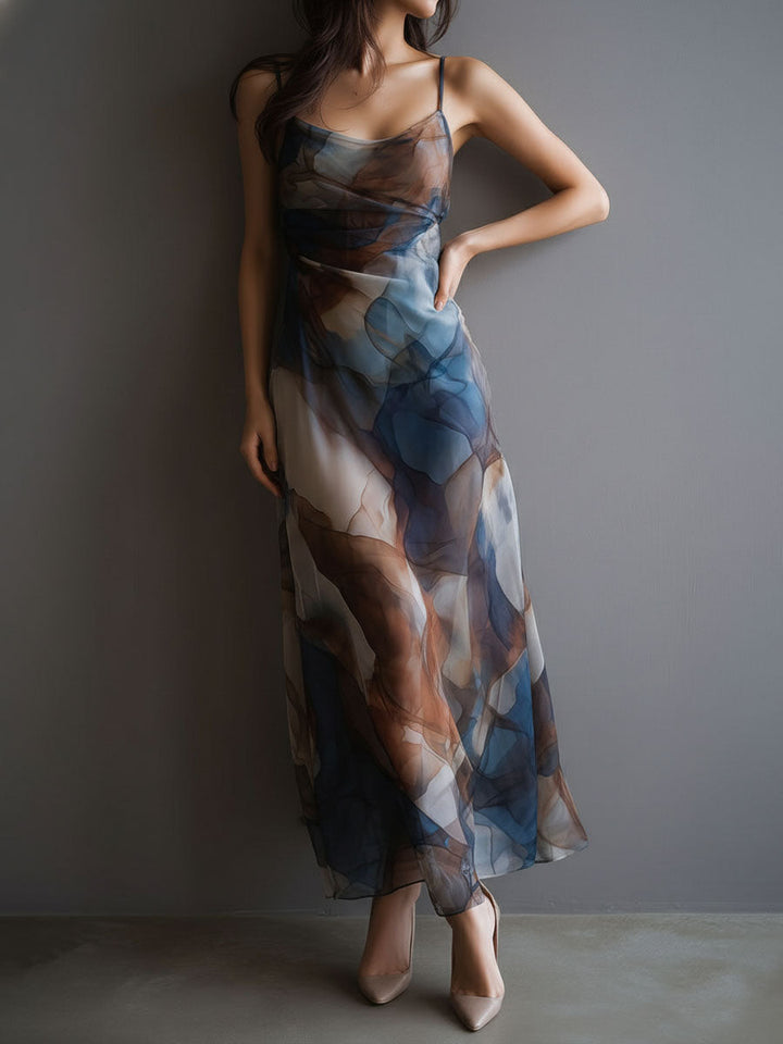 Chiffon Maxi Dress Women Slip Watercolor Print Boho