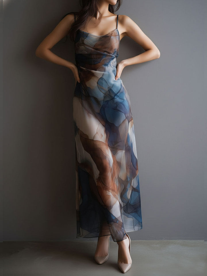 Chiffon Maxi Dress Women Slip Watercolor Print Boho