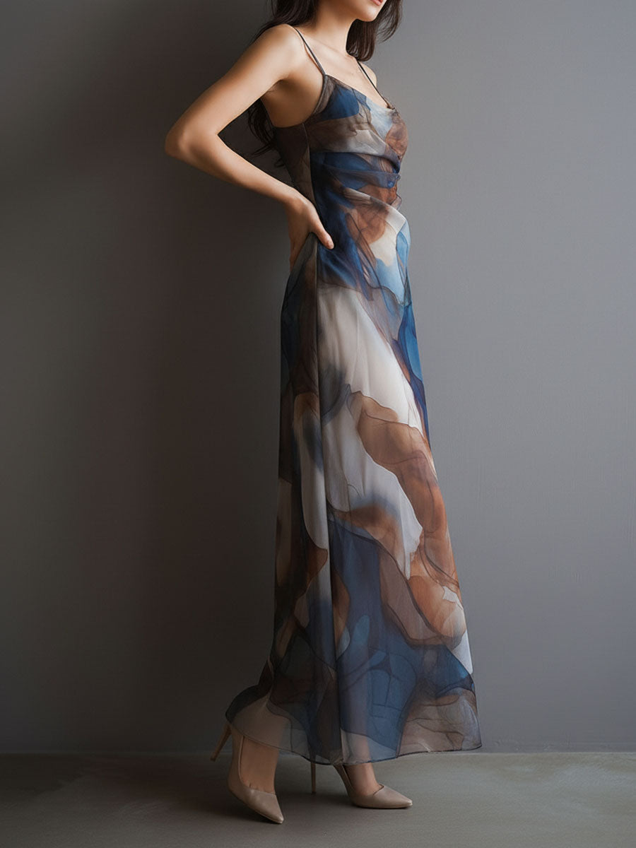 Chiffon Maxi Dress Women Slip Watercolor Print Boho