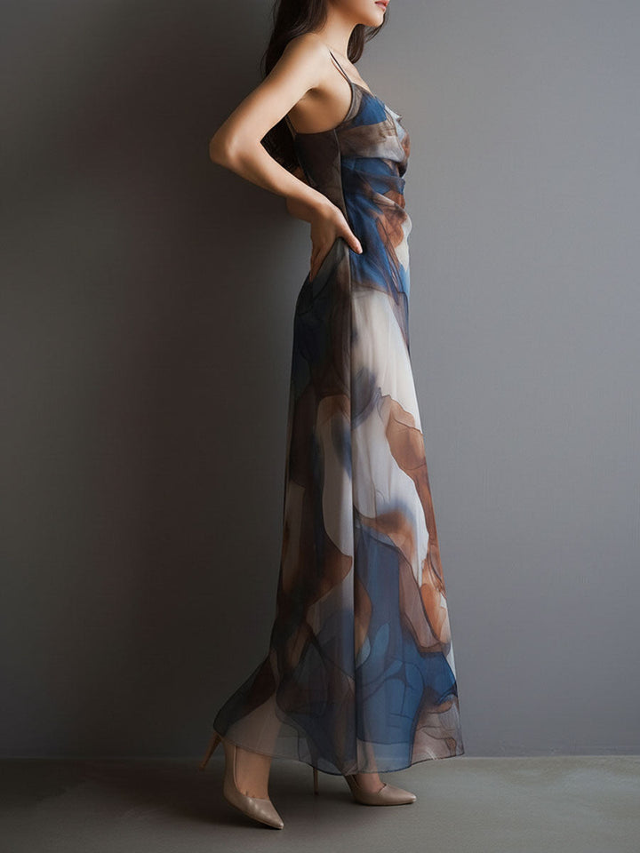Chiffon Maxi Dress Women Slip Watercolor Print Boho
