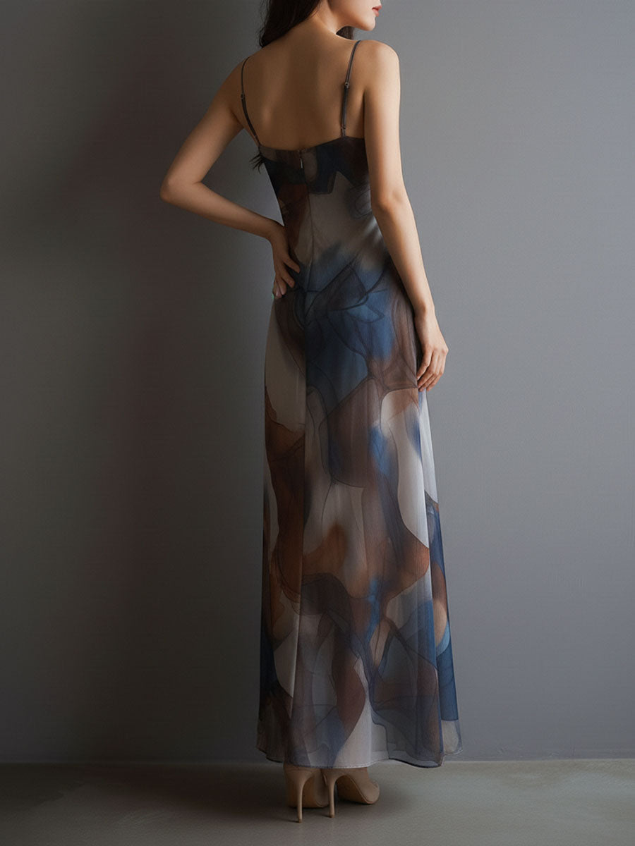Chiffon Maxi Dress Women Slip Watercolor Print Boho