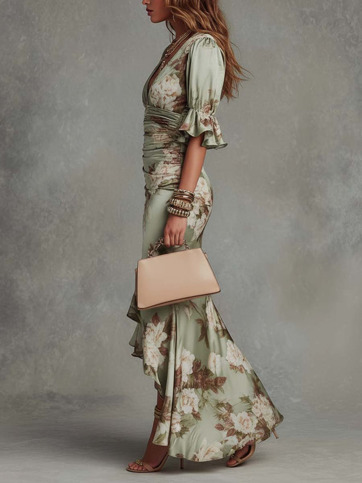 Floral Maxi Dress Women V-Neck Sage Green Ruffle