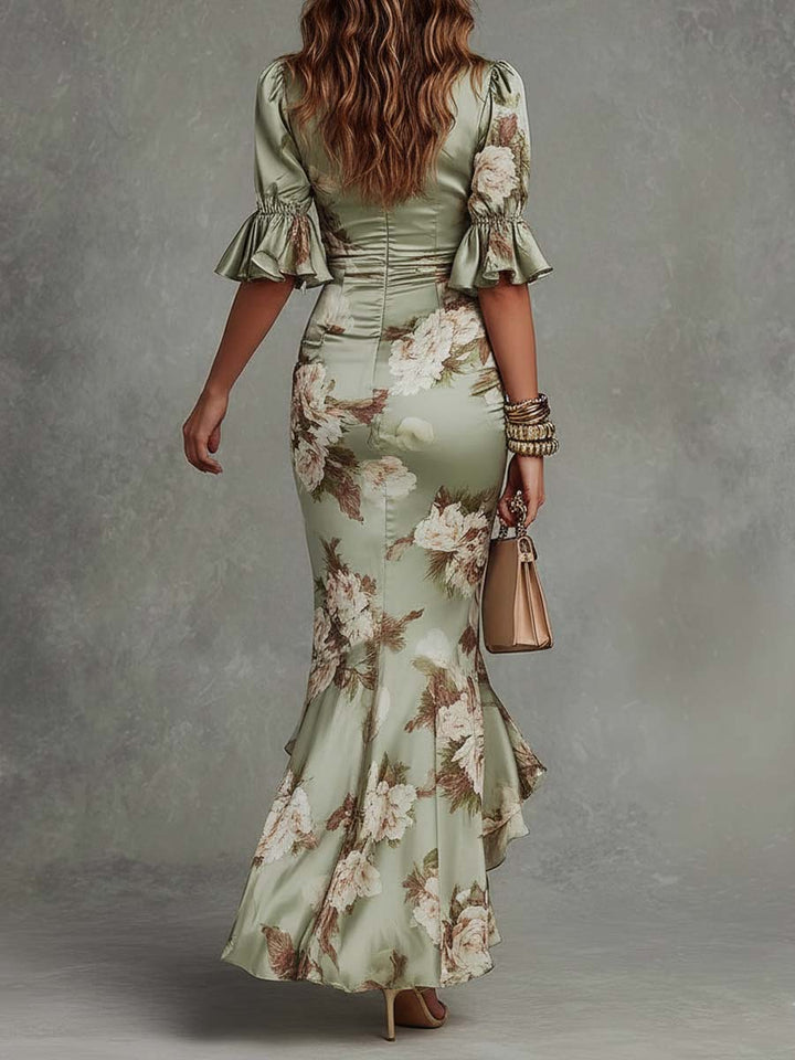 Floral Maxi Dress Women V-Neck Sage Green Ruffle