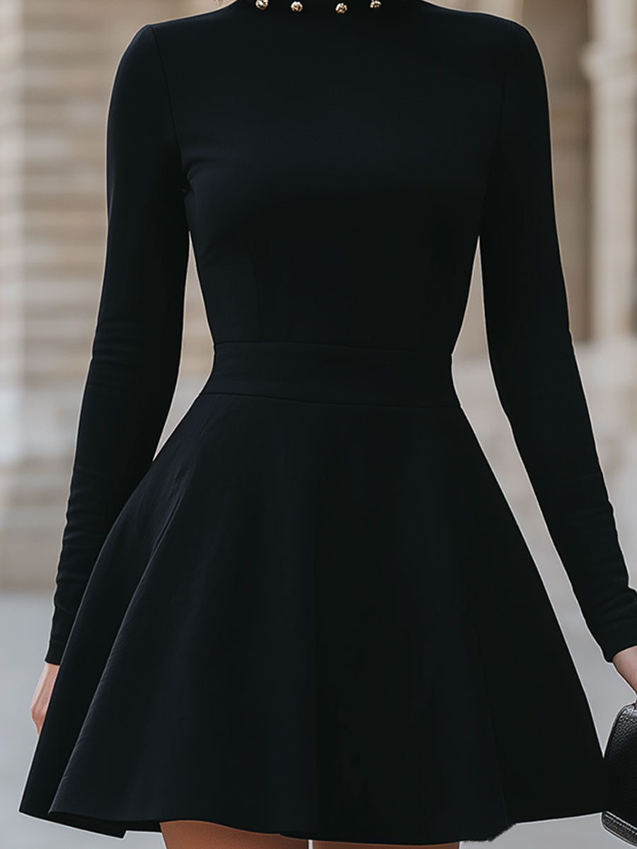 Black Studded Neckline Fit-and-Flare Dress – Cocktail Dress