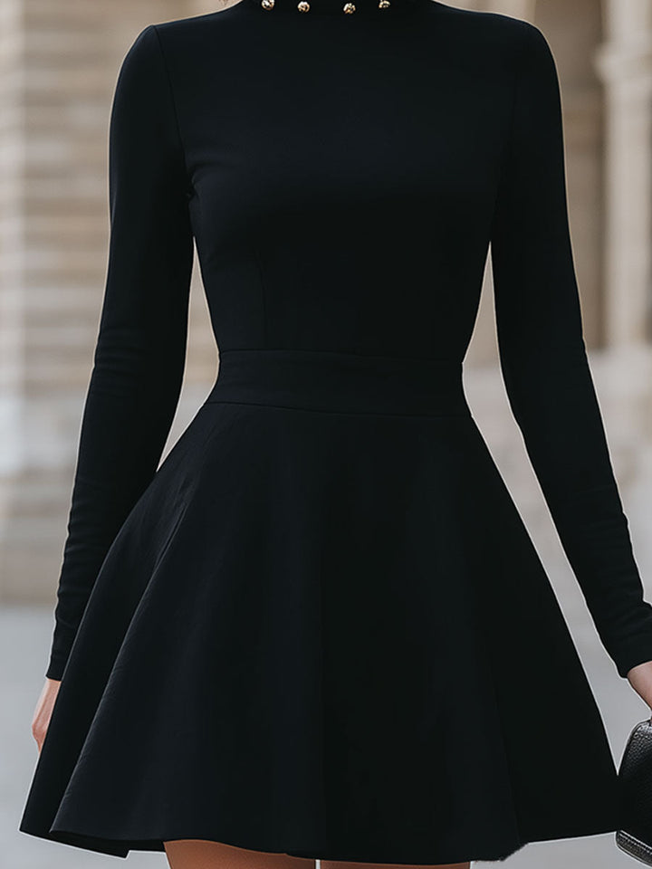 Black Studded Neckline Fit-and-Flare Dress – Cocktail Dress