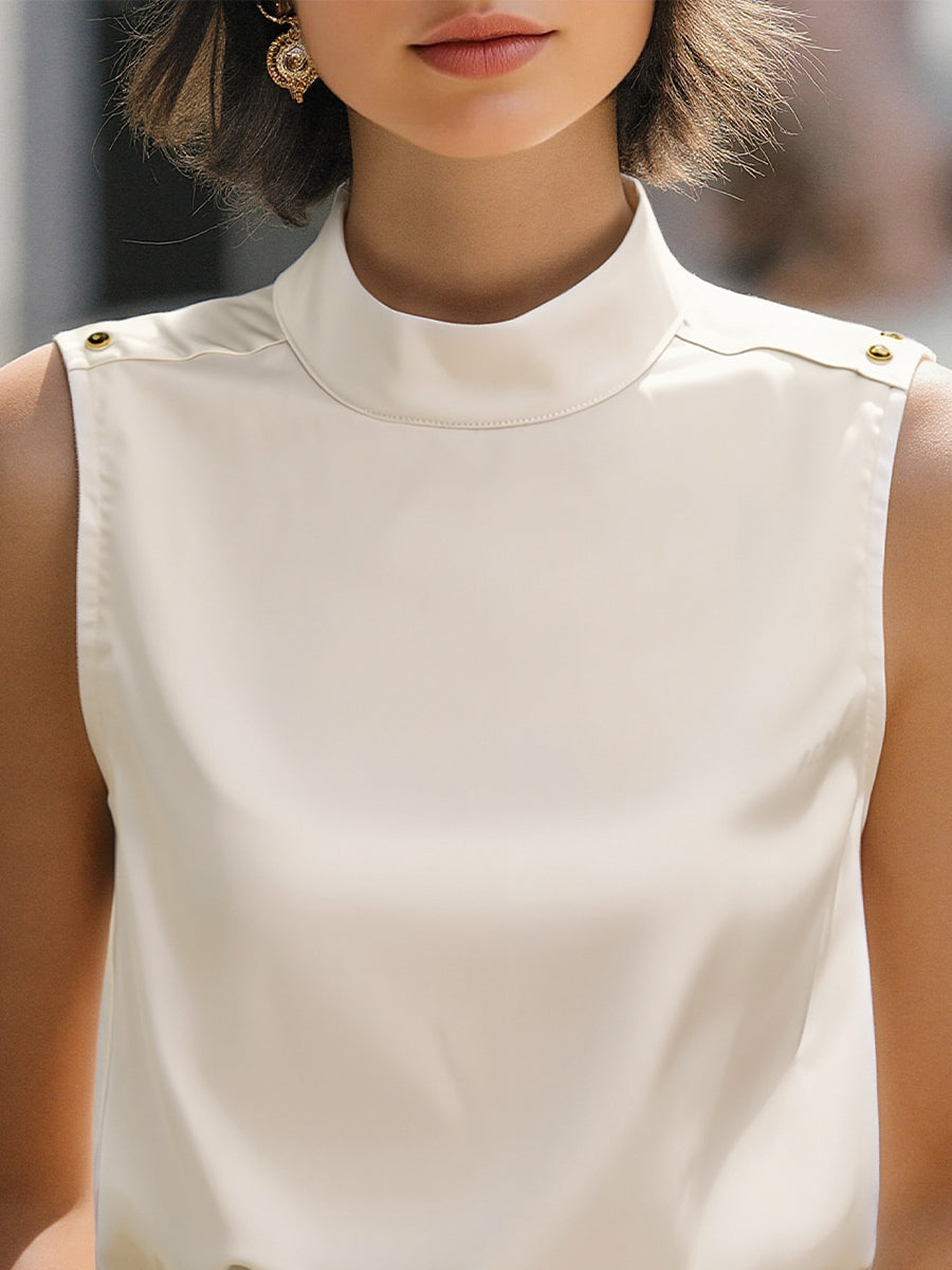 Ivory High-Neck Sleeveless Satin Blouse – Ladies White Blouse