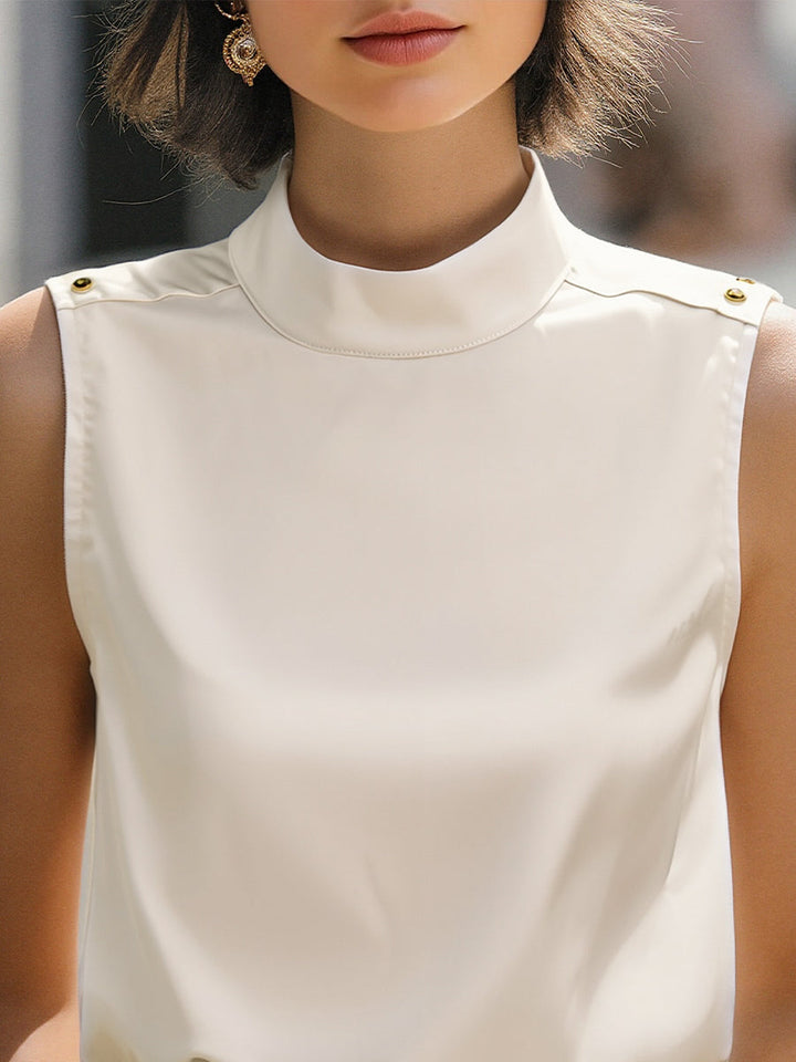 Ivory High-Neck Sleeveless Satin Blouse – Ladies White Blouse