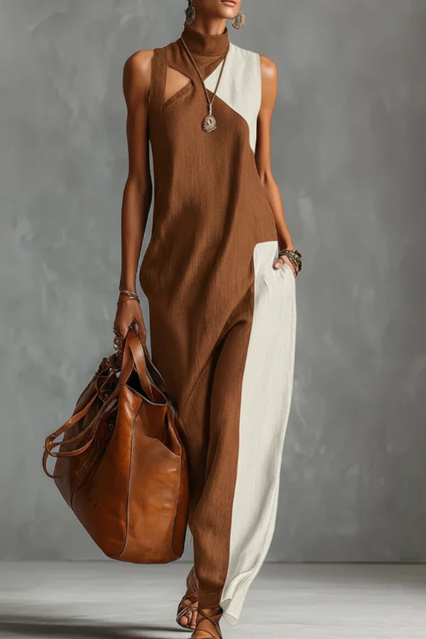 Maxi Dress Women High Neck Sleeveless Color-Block Pockets