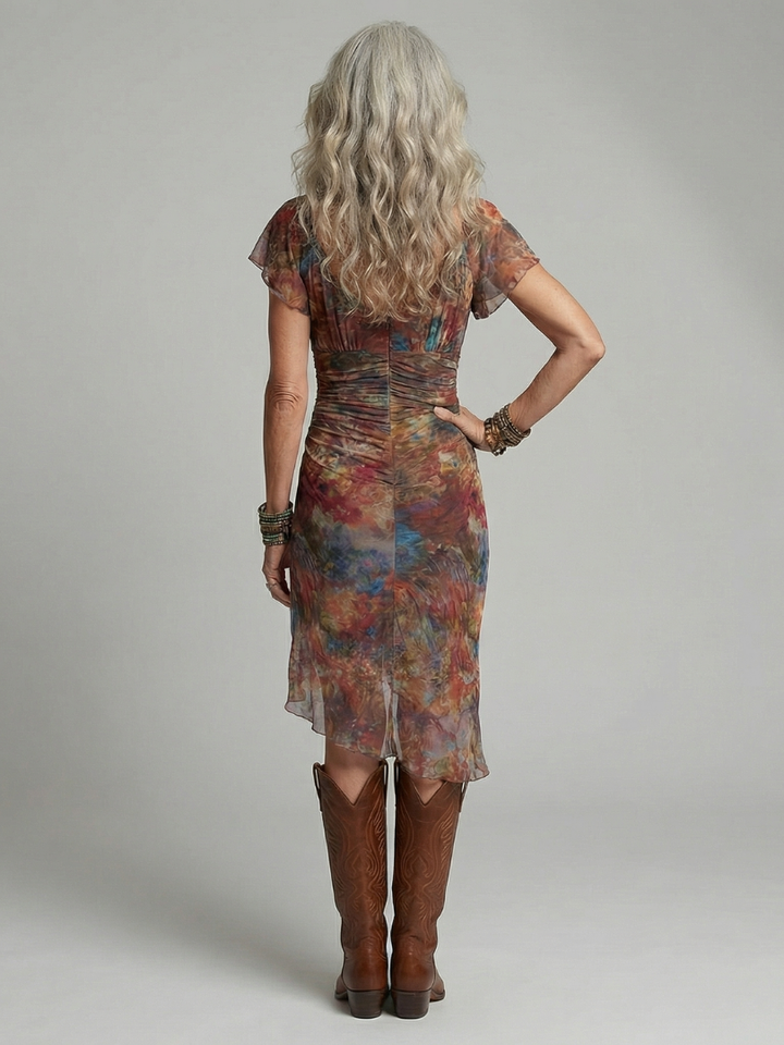 Summer Midi Dress Women – Short Sleeve Ruched