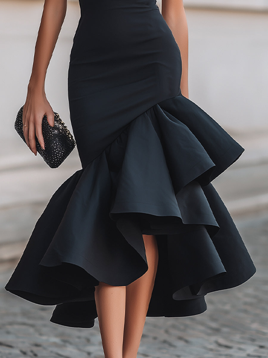 Black Asymmetric Ruffle-Hem Midi Dress – Black Dress With Ruffle Hem
