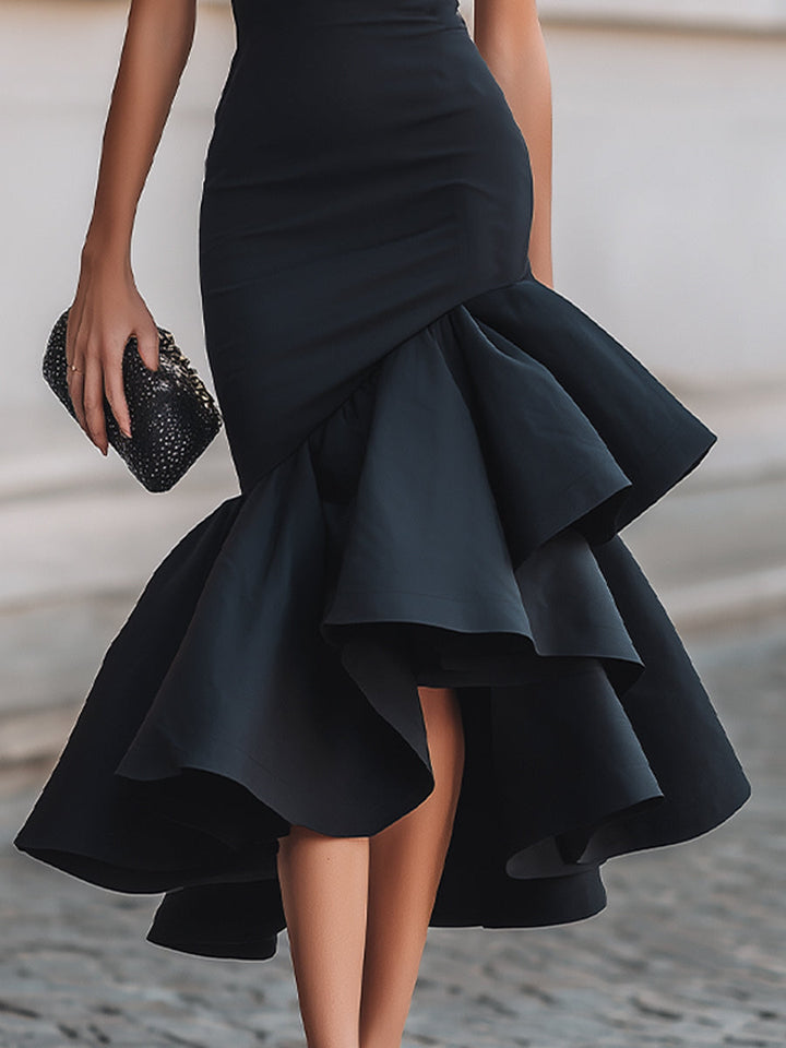 Black Asymmetric Ruffle-Hem Midi Dress – Black Dress With Ruffle Hem