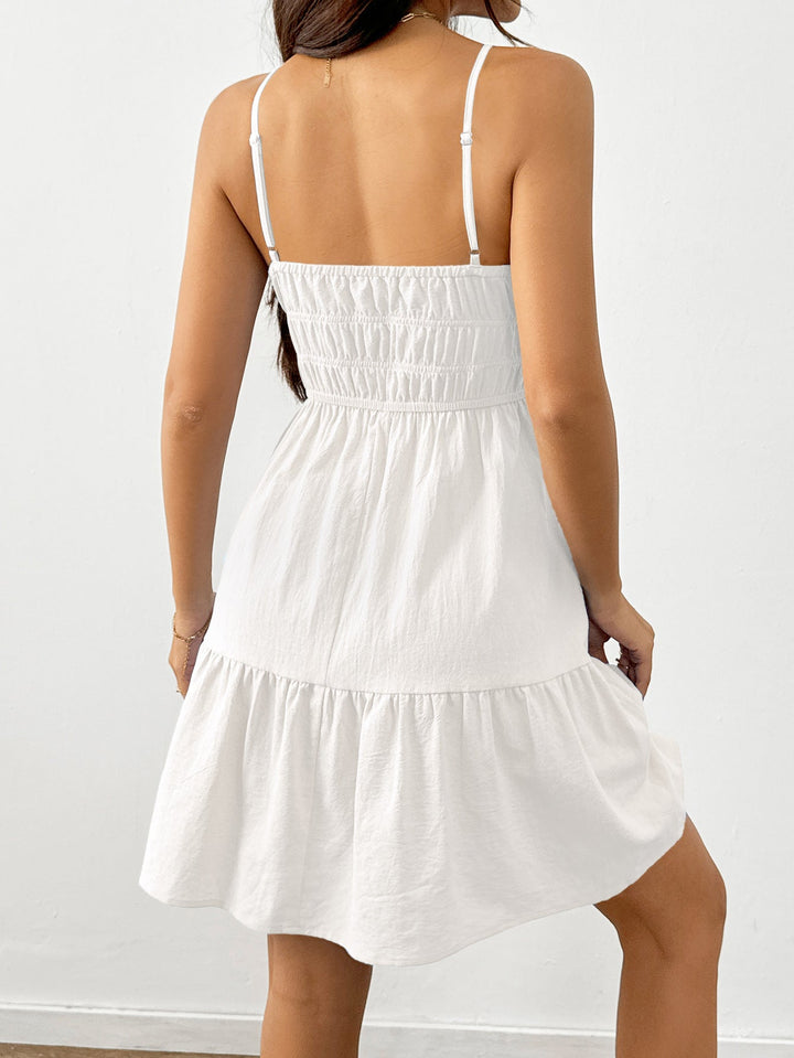 Sleeveless Tiered Sundress with Drawstring Detail – White Dress