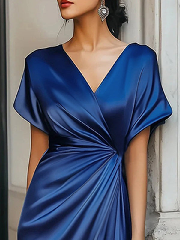 Loose Short Sleeves Asymmetric Solid Color Split-Joint V-Neck Evening Dress