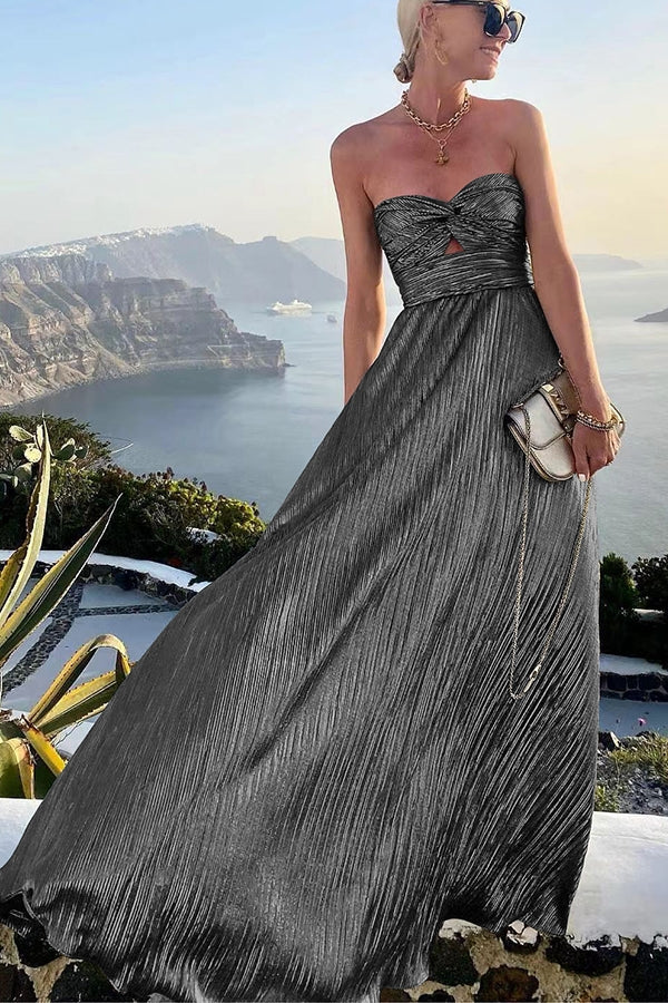 Celeste - Women’s Strapless A-Line Evening Gown with Pleated Metallic Dress