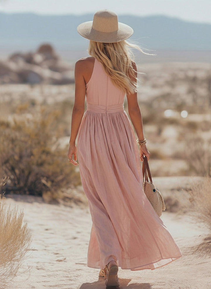 Linen Maxi Dress Women Halter Neck Sleeveless Boho