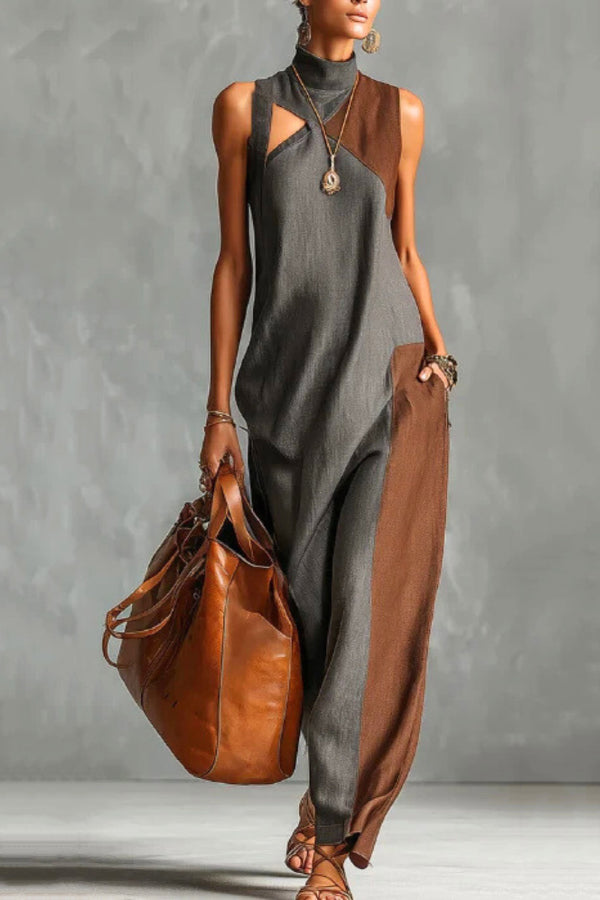Maxi Dress Women High Neck Sleeveless Color-Block Pockets