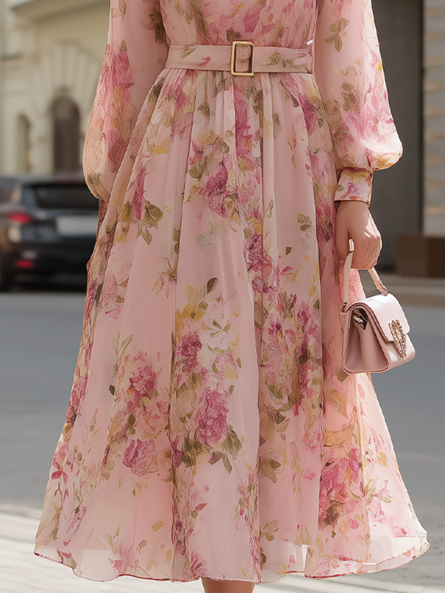 Blush Floral Chiffon A-Line Midi Dress – Pink Midi Dress UK