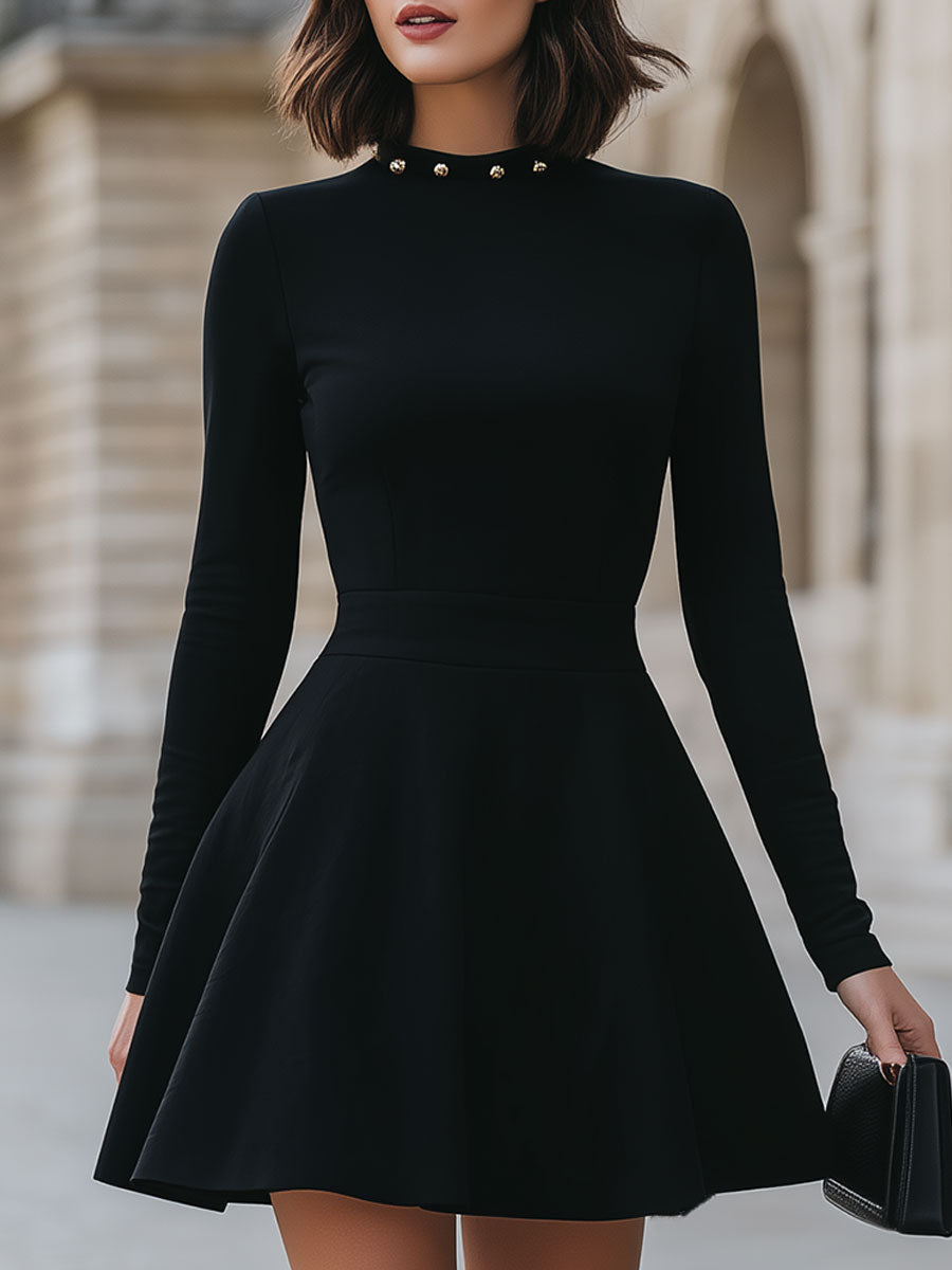 Black Studded Neckline Fit-and-Flare Dress – Cocktail Dress