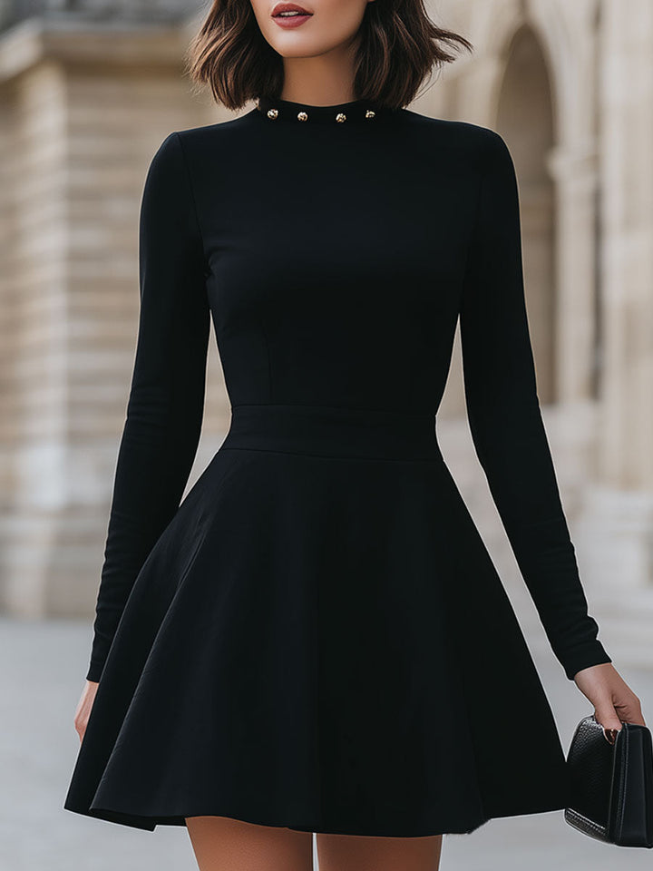 Black Studded Neckline Fit-and-Flare Dress – Cocktail Dress