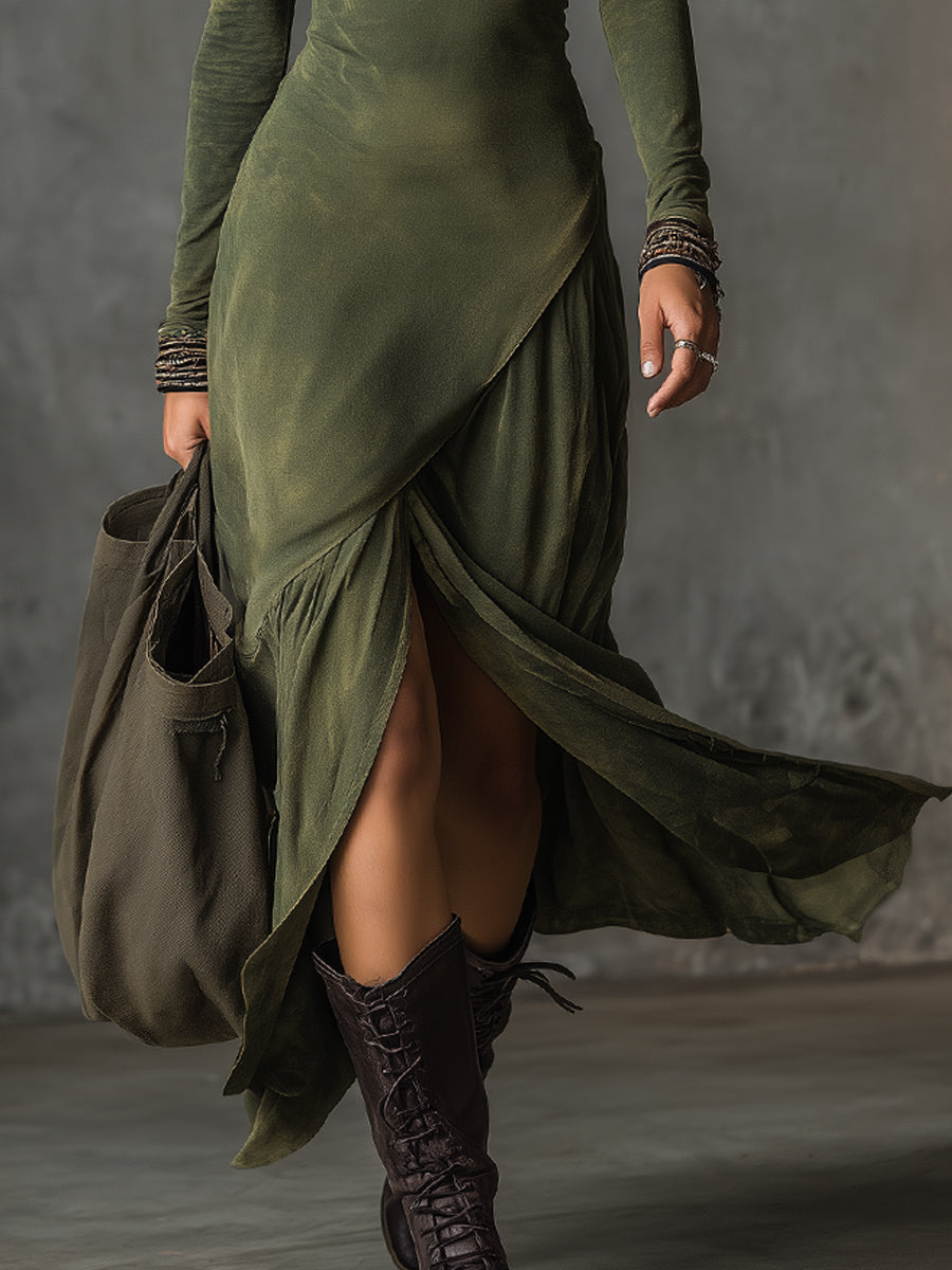 Bohemian Washed Cotton Half-zip Hem Slit Women&