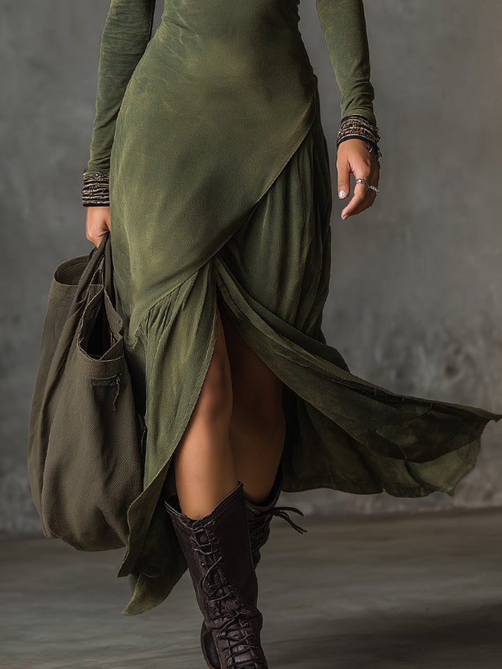Bohemian Washed Cotton Half-zip Hem Slit Women&