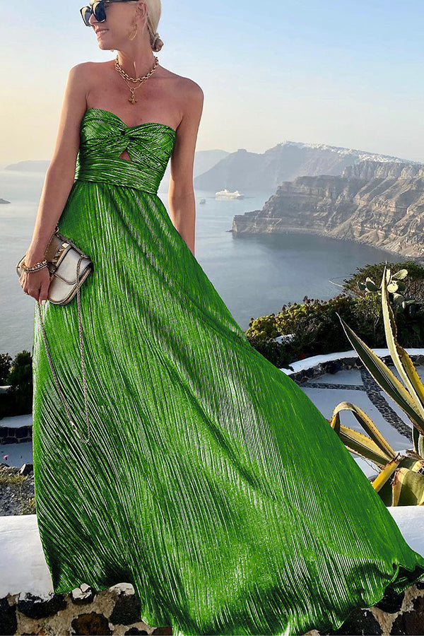 Celeste - Women’s Strapless A-Line Evening Gown with Pleated Metallic Dress