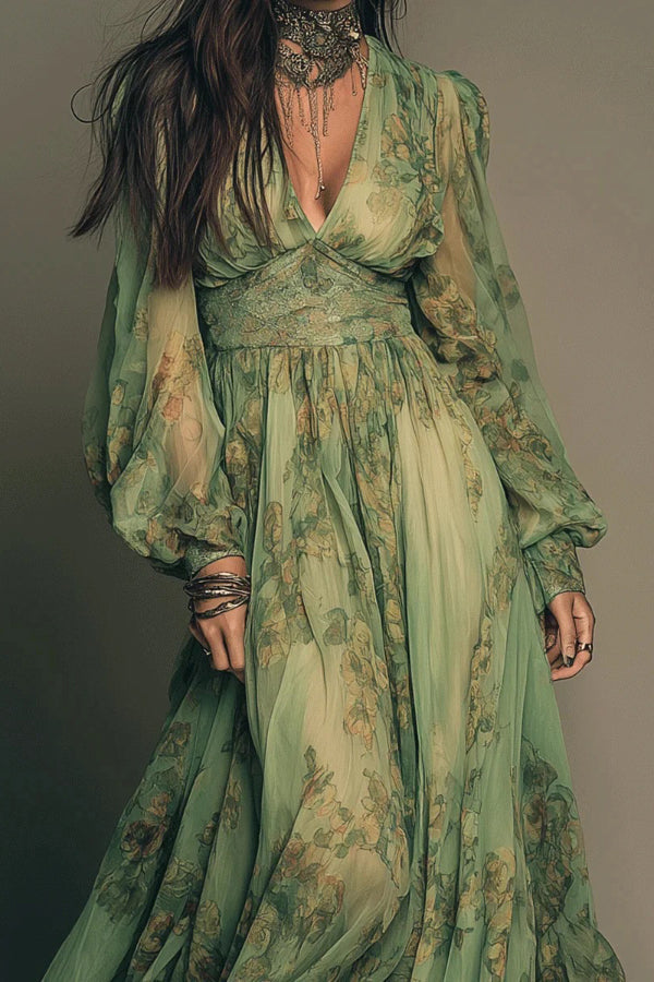Botanical Print Maxi Dress Women V-Neck Long Sleeve Fitted Waist