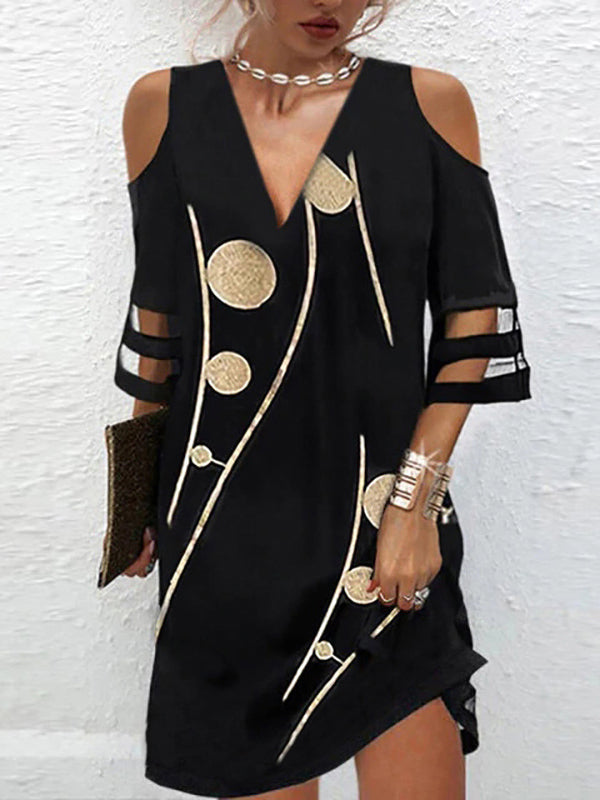 Half Sleeves Loose Hollow Mesh Polka-Dot Printed Split-Joint Cold Shoulder Mini Dress