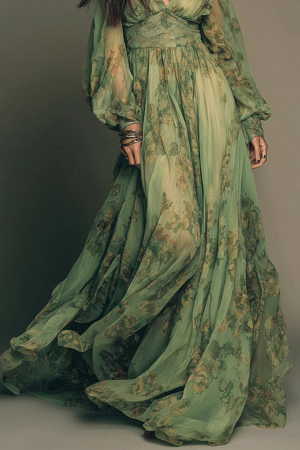 Botanical Print Maxi Dress Women V-Neck Long Sleeve Fitted Waist