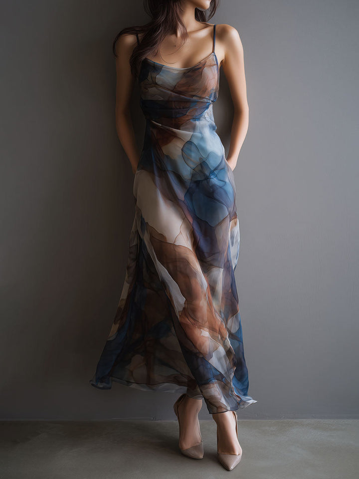 Chiffon Maxi Dress Women Slip Watercolor Print Boho