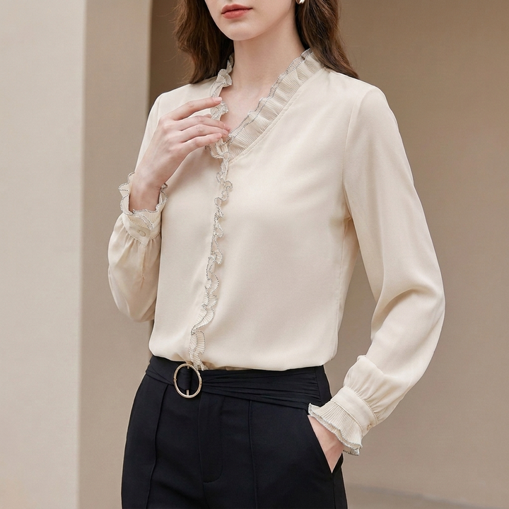 Chiffon Blouse Women V-Neck Puff Sleeve Ruffle Sheer
