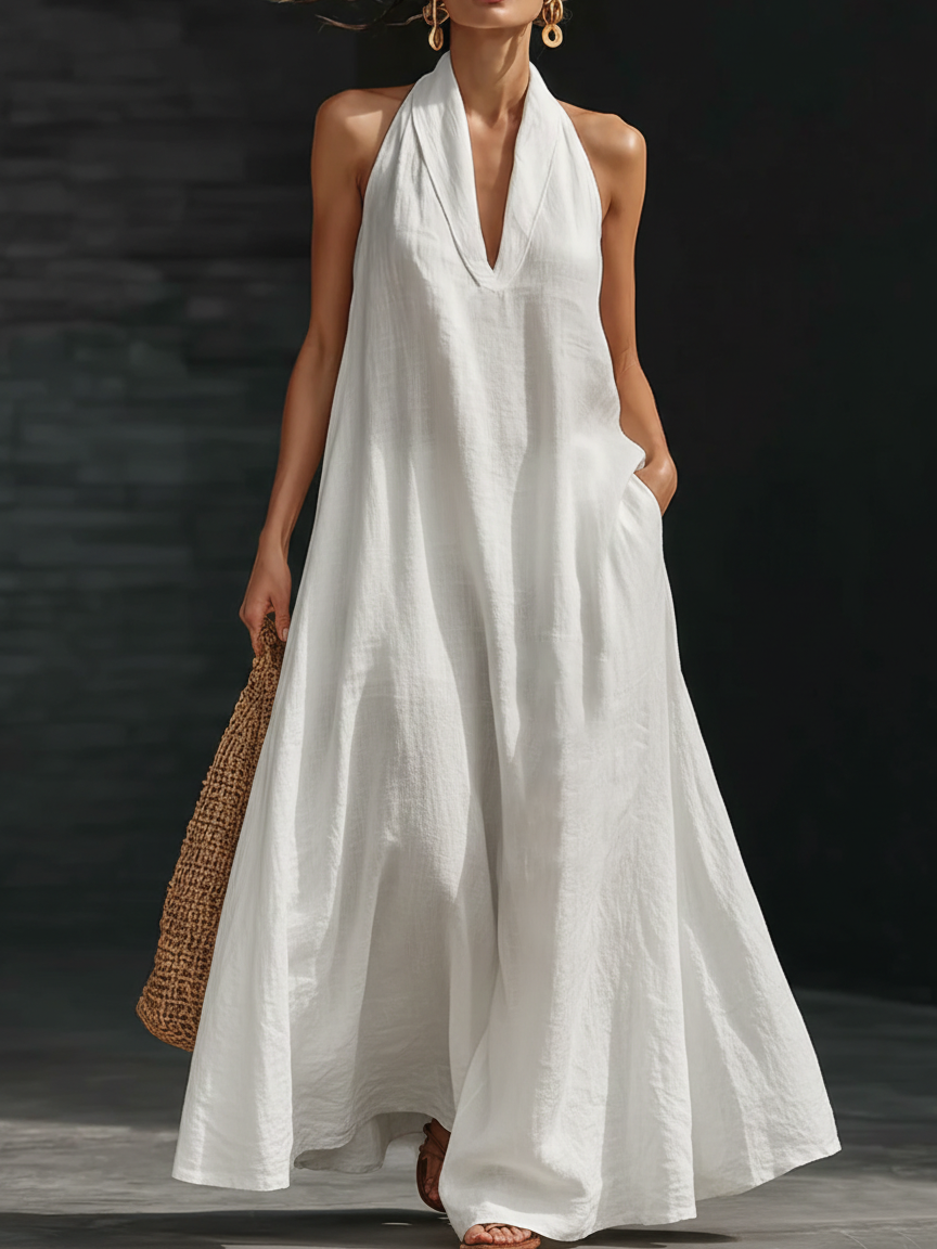 Chiffon Maxi Dress Women Halter Neck A-Line Flowy