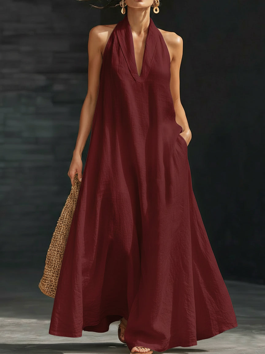 Chiffon Maxi Dress Women Halter Neck A-Line Flowy
