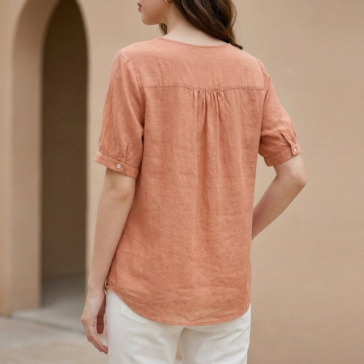 Linen Blouse Women Floral V-Neck Crinkle Texture