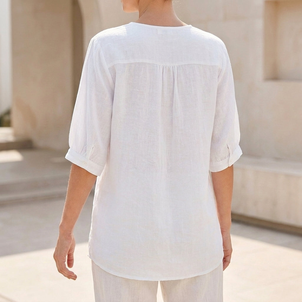 Linen Blouse Women Floral V-Neck Drop Shoulder Flowy