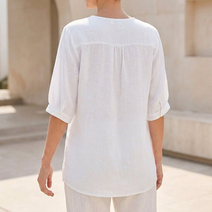Linen Blouse Women Floral V-Neck Drop Shoulder Flowy
