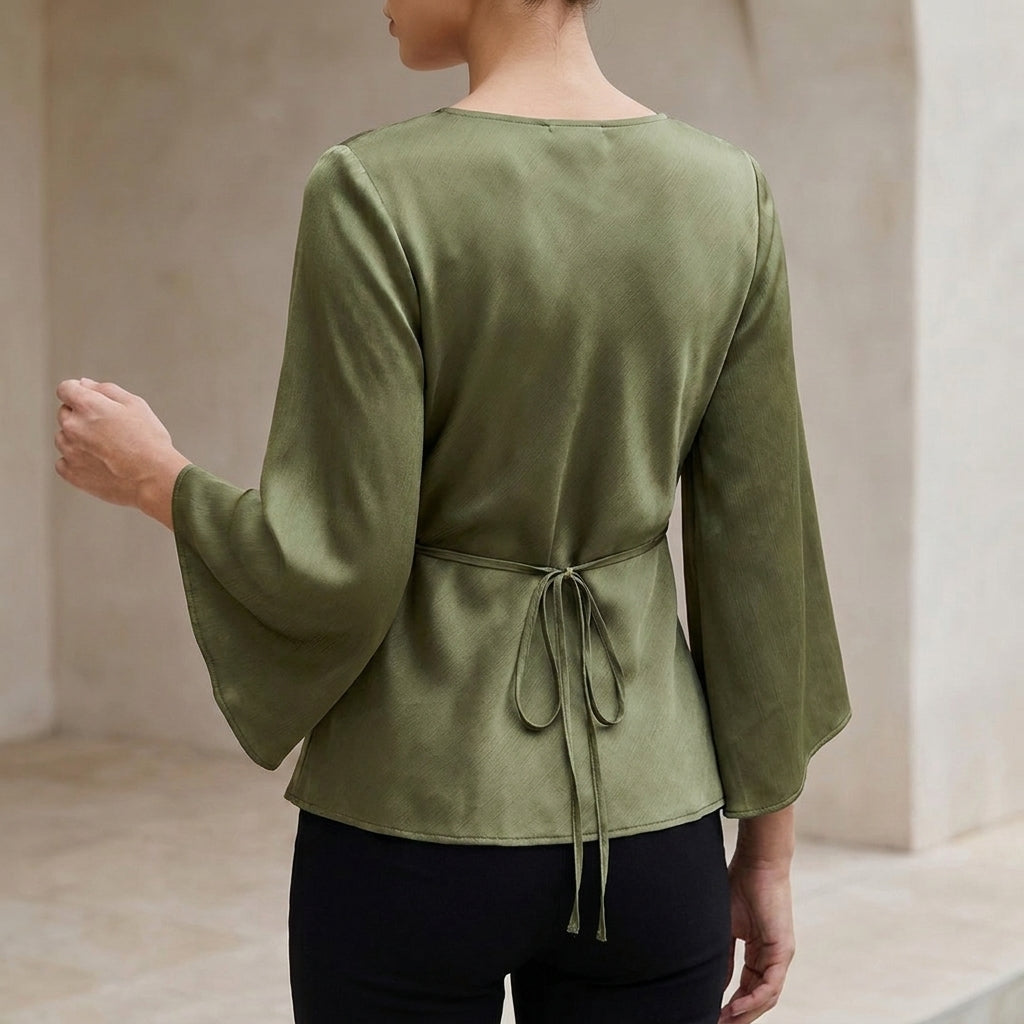 Satin Blouse Women V-Neck High Waist Empire Glossy