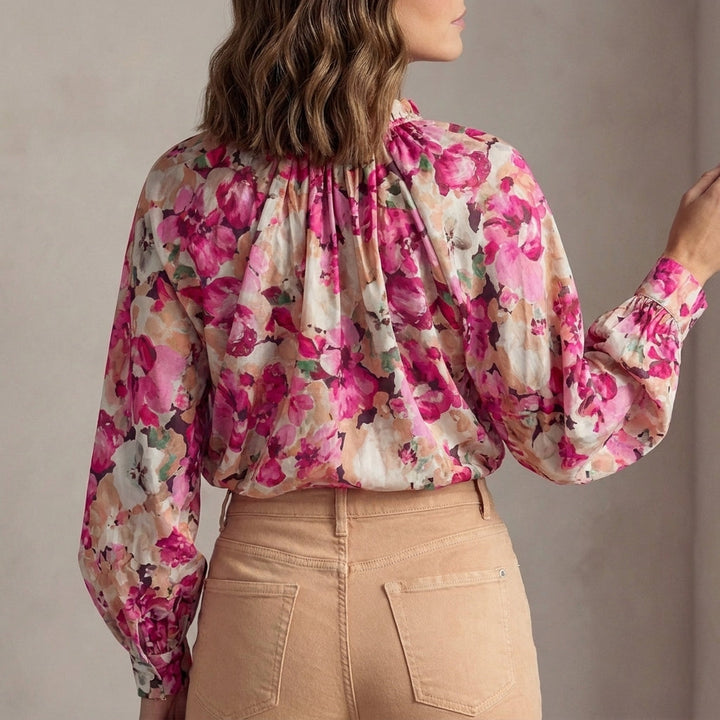 Blouse Women Floral Long Sleeve Ruffle Draped