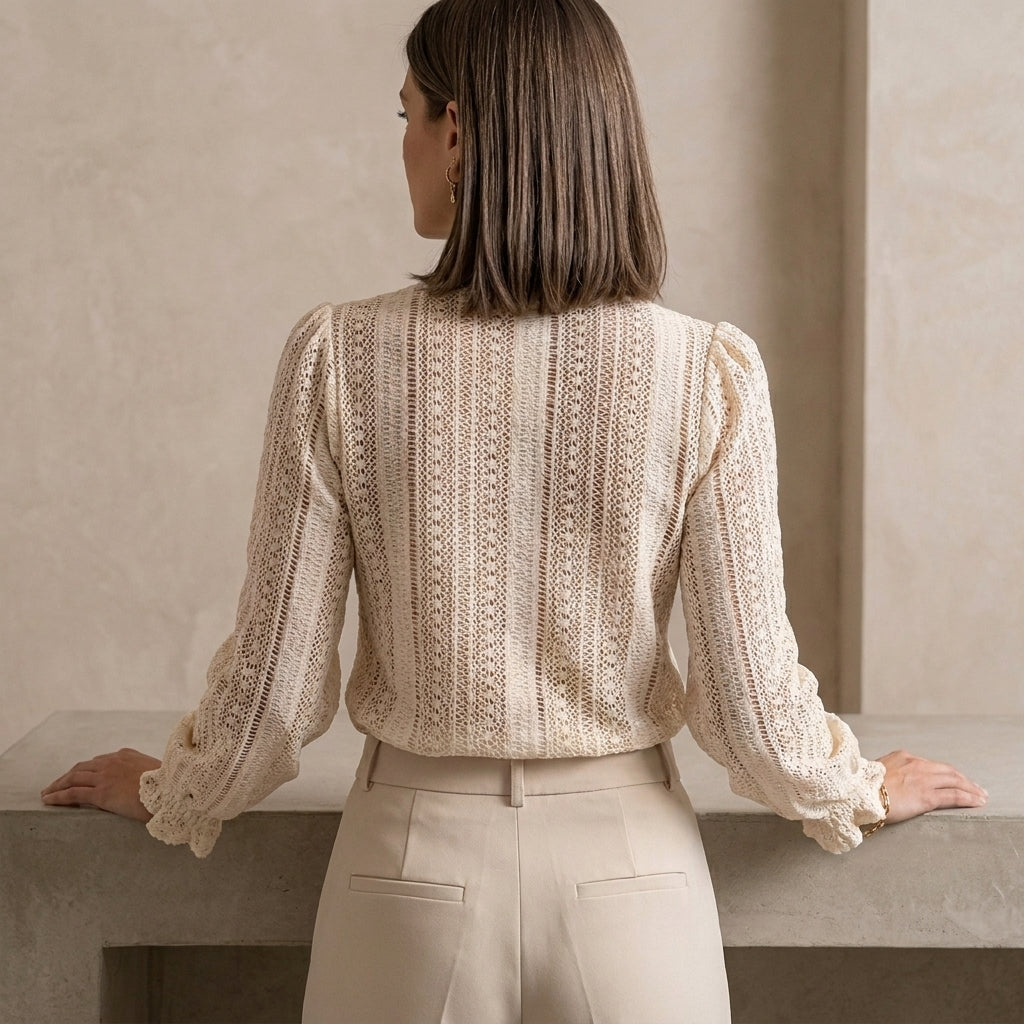 Blouse Women V-Neck Long Sleeve Lace Open Knit