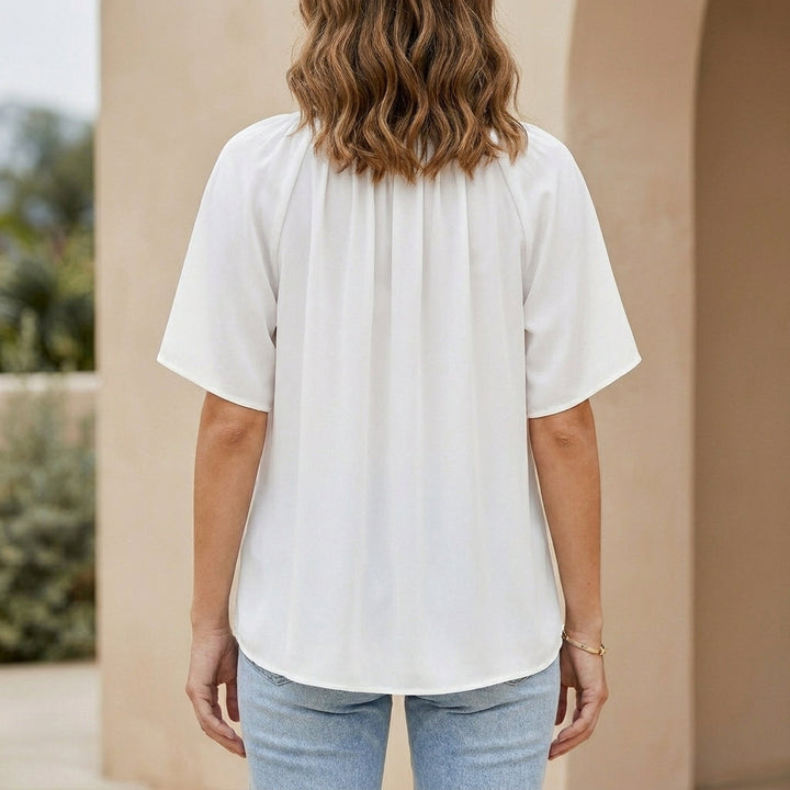Blouse Women V-Neck Flutter Sleeve Gathered Neckline