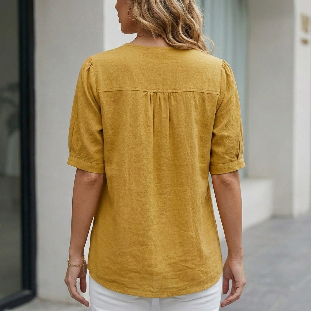 Linen Blouse Women Short Sleeve Button Front Pockets Rose