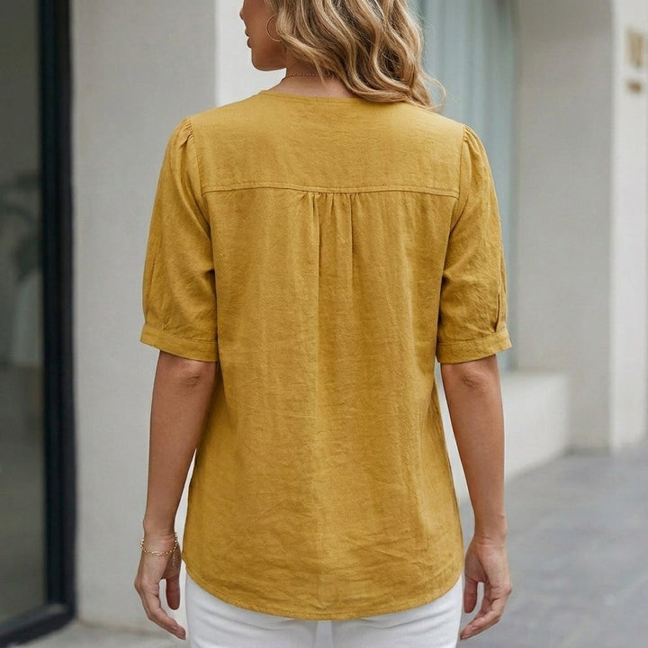 Linen Blouse Women Short Sleeve Button Front Pockets Rose